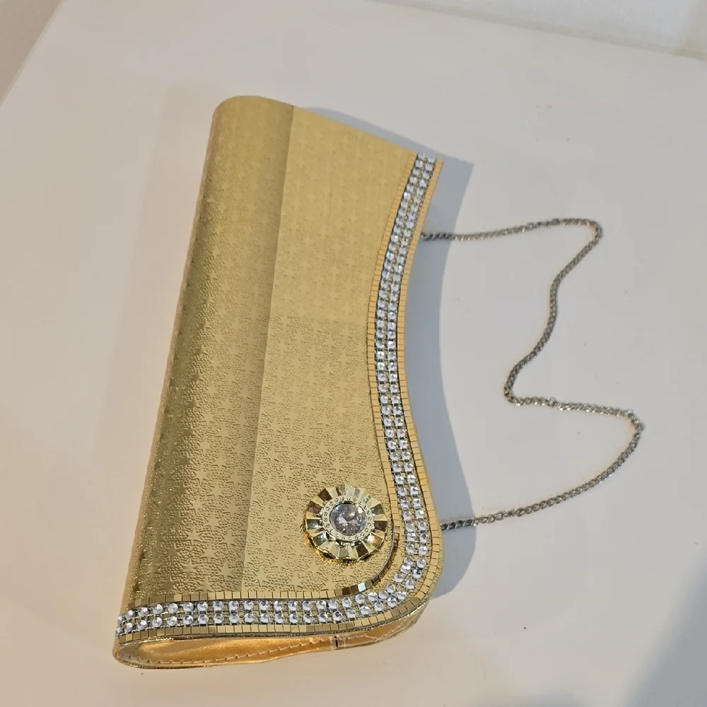 Elegant Gold Clutch with Rhinestone Detailing Evening Cocktails Holidays Medium